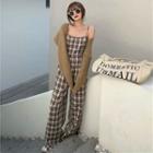 Plain Cardigan / Spaghetti Strap Plaid Jumpsuit