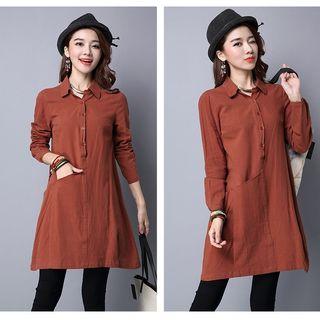 Plain Half Placket Long Sleeve Shirt Dress