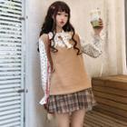 Mock Two-piece Knit Panel Blouse / Plaid Mini A-line Pleated Skirt