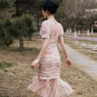 Floral Shirred Short-sleeve Mesh Panel Midi Sheath Dress
