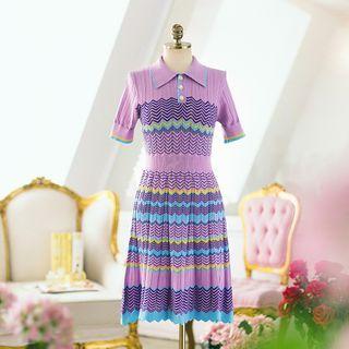 Short-sleeve Patterned Polo Knit Dress