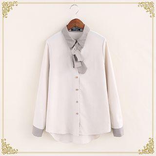Long-sleeve Tie-neck Contrast Trim Blouse