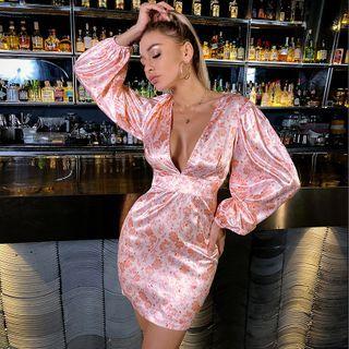Balloon-sleeve Floral Print Mini Sheath Dress