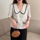 Elbow-sleeve Wide Collar Button Blouse