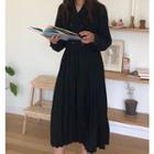 Long-sleeve Pleated Midi Dress Black - One Size