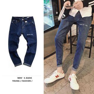 Embroidered Cropped Slim-fit Jeans