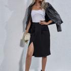 Shirred Slit Midi Pencil Skirt