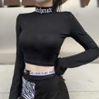 Lettering Mock-neck Long-sleeve Crop T-shirt