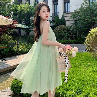 Spaghetti Strap Cutout Midi A-line Mesh Dress