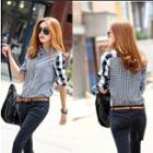 Long-sleeved Open-front Collared Gingham Blouse