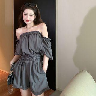 Set: Off-shoulder T-shirt + Wide Leg Shorts Dark Gray - One Size