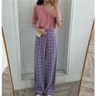 Plain Short-sleeve T-shirt / Plaid Wide Leg Pants