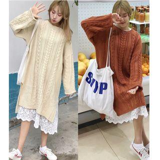 Long-sleeve Knitted Midi Dress / Lace Skirt