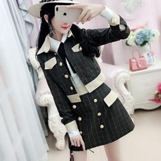 Set: Single Breasted Plaid Jacket + Mini A-line Skirt