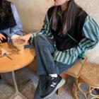 Striped Long-sleeve Loose-fit Shirt / Knit Vest / Corduroy Pants