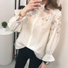 Long Bell Sleeve Embroidered Stand-collar Blouse