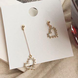 Non-matching Rhinestone Heart Dangle Earring 1 Pair - Asymmetric - Gold - One Size