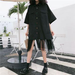 Elbow-sleeve Mesh Panel Shirt Dress