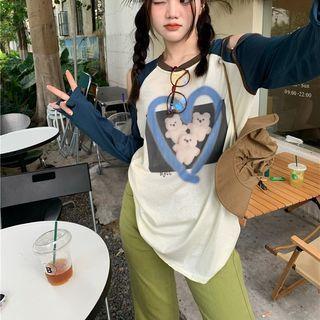 Long-sleeve Cutout Print T-shirt Blue & White - One Size