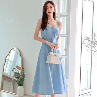 Spaghetti-strap Denim Midi A-line Dress