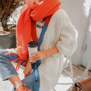Contrast-trim Cable Knit Long Cardigan