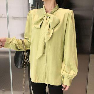 Long-sleeve Chiffon Plain Blouse / High-waist Pants