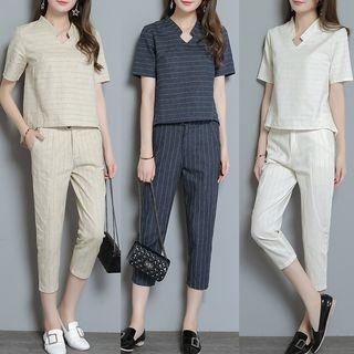 Set: Pinstriped V-neck Short-sleeve Top + Cropped Pants