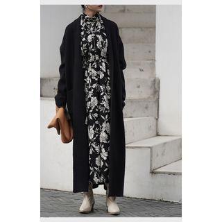 Floral Print Long-sleeve Maxi A-line Dress Black - One Size