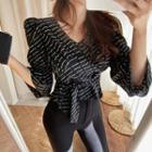 Patterned Long-sleeve Tie-waist Cropped Blouse