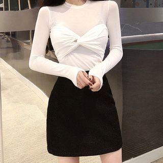Set: Plain Long-sleeve Twist T-shirt + Mini A-line Skirt