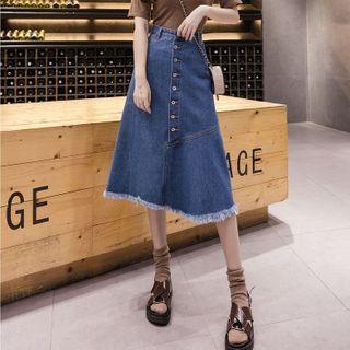High-waist Single Breasted Frayed Denim A-line Skirt