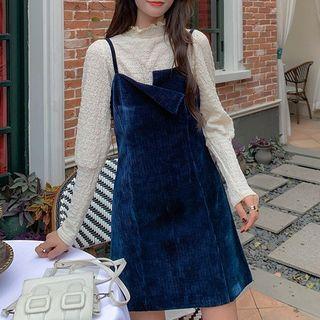 Long-sleeve Mock-neck Top / Corduroy Mini A-line Overall Dress