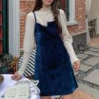 Long-sleeve Mock-neck Top / Corduroy Mini A-line Overall Dress