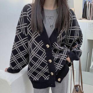 V-neck Argyle Long-sleeve Cardigan Black - One Size