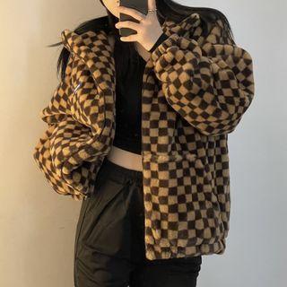 Plaid Padded Jacket Plaid - Dark Brown - One Size