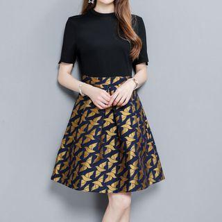 Short-sleeve Patterned Mock Two Piece Dress