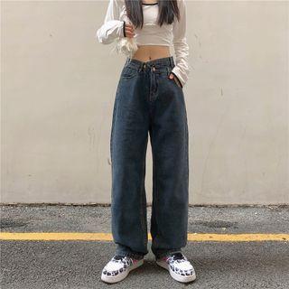 Asymmetrical Mid Rise Wide Leg Jeans