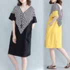 Stripe Panel V-neck Short-sleeve Dress