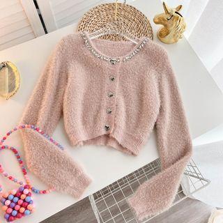 Round Neck Rhinestone Cropped Cardigan