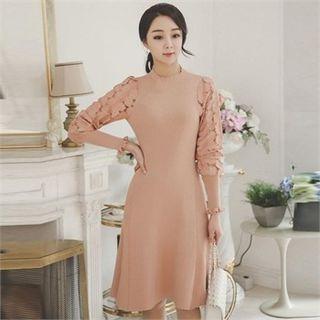Floral Patterned Sleeve A-line Knit Dress