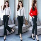 Set: Contrast Trim Long-sleeve Blouse + Pants