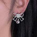 Bow Rhinestone Faux Pearl Earring 1 Pr - Silver - One Size