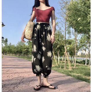 Cap-sleeve Crop T-shirt / Print Baggy Pants