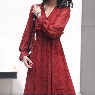 Long-sleeve Dotted Chiffon V-neck Midi Dress