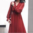 Long-sleeve Dotted Chiffon V-neck Midi Dress