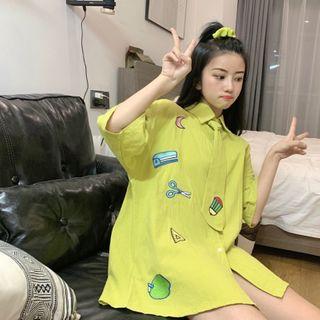 Embroidered Tie-neck Elbow-sleeve Shirt