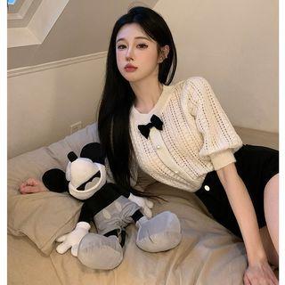 Ribbon-accent Open-knit Crop Top White - One Size