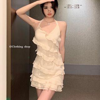 Spaghetti-strap Halter Neck Ruffled Mini Sheath Dress