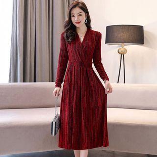 Long-sleeve Glitter Striped Midi A-line Dress