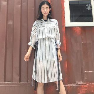 Stripe Elbow-sleeve Shirtdress